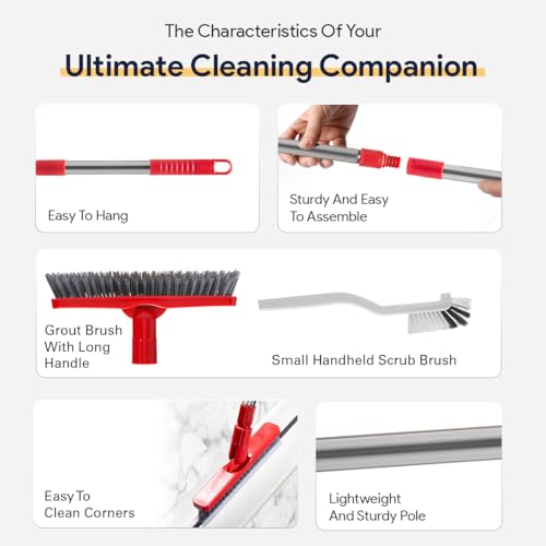 Foxtrot Living Grout Brush with Long Handle and Scrubber, Telescopic - color: Red