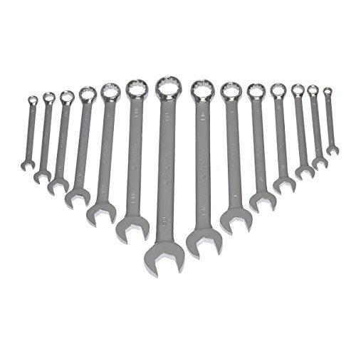 Grip 14 pc XL Professional V-Cut Combination Wrench Set SAE - Chrome Vanadium Steel - Chrome Plated - 15 Degree Angled - 12 point Boxed Ends - Heavy Duty Storage Pouch
