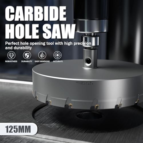 Heavy Duty Carbide Hole Saw Set, 4-59/64” (125mm), Extra Deep Cutting Depth of 1.1 Inches (28mm) - Ideal for Stainless Steel, Mild Steel, Iron, Copper, Brass, and Plastic - size: 125mm(4-15/16")