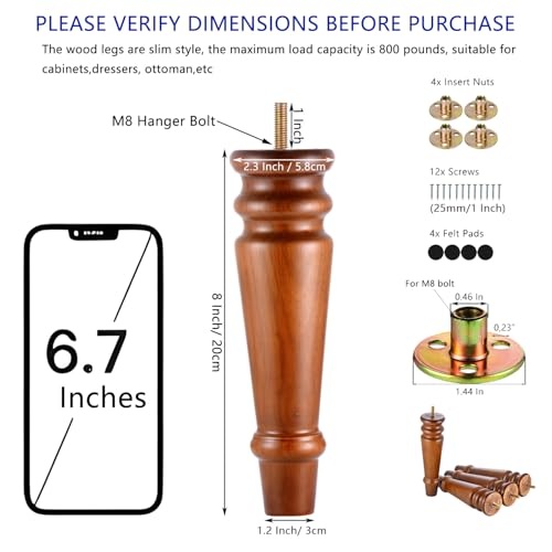 Maricome 8 Inch Furniture Legs Set of 4 Pre-drilled M8 Bolt Wood Replacement Sofa Legs for Cabinet Couch Chair Mid Century Screw in - color: 8 Inch Walnut