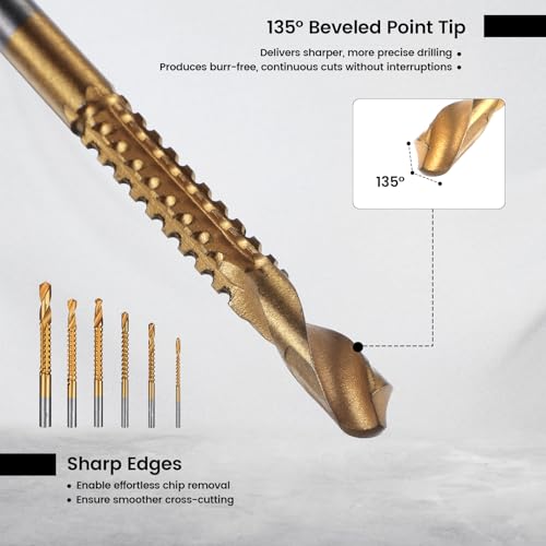 6 Pack Titanium Drill Bit Set, 3-8mm Serrated Side Cutting Drill Bit, Titanium Serrated Cutting Bits, Woodworking Tools, Hole Holesaw Tool for Plastic Metal Wood Hole