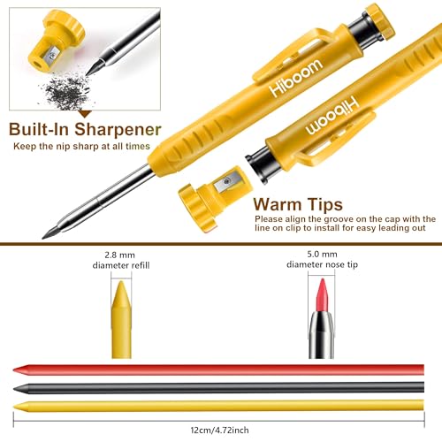 Hiboom 2 Pack Carpenter Pencils with Pencil Cap and 18 Refills, Yellow - color: Yellow