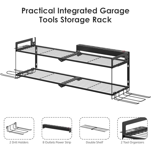 CCCEI Large Garage Tools Storage with Charging Station. Power Tool Battery Organizer Utility Shelf with Power Strip. 4 Drills Holder Wall Mount Rack. - size: Large, style: 2 Layer
