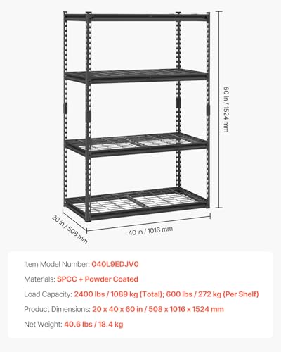 VEVOR Storage Shelves, 2400 lbs, 4 Tier Heavy Duty Garage Shelving, 20" D x 40" W x 60" H Adjustable Metal Shelves for Industrial Shelving Unit Utility Shelf, for Kitchen, Warehouse, Basement, Black - color: Black, size: 20" D x 40" W x 60" H