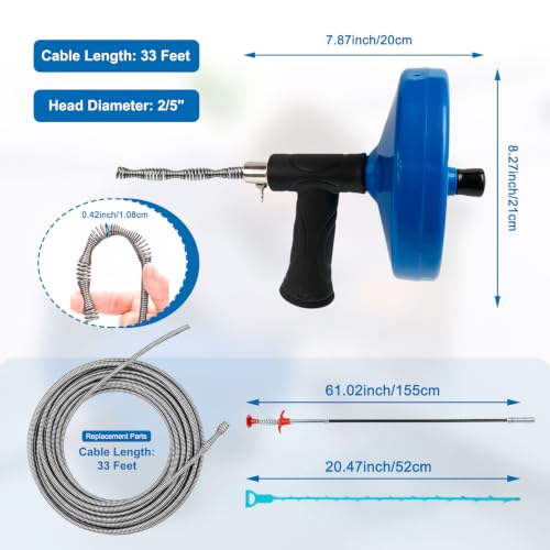 33 ft Drain Snake Auger with Extra 33ft Replacement Cable, Plumbing Snake for Sink Shower Tub, Manual Drum Auger, Extra Long Pipe Clog Remover Tool with Hair Remover Tool & Gloves - color: Drain Snake Auger