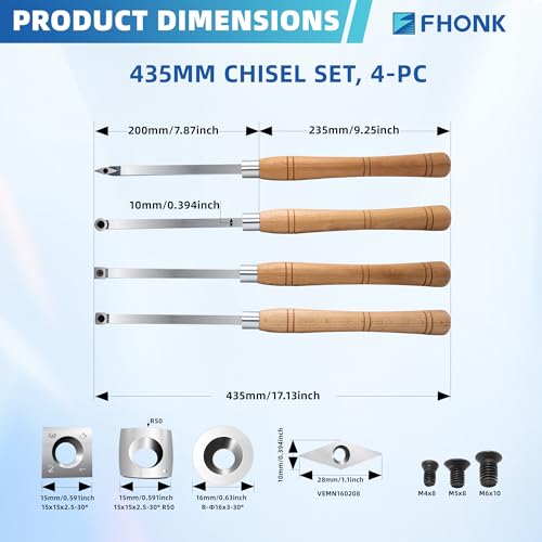 17 inch Wood Lathe Turning Tools Set 4 pcs, 17" Finisher Carbide Tipped Lathe Chisel Tool Bar, with Wooden Handles and Square Round Diamond Carbide Inserts
