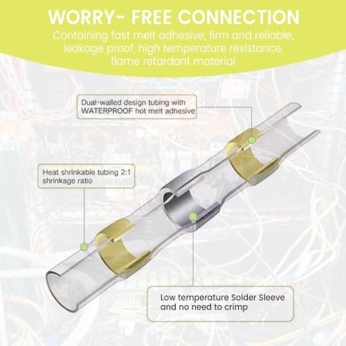 100 PCS Yellow Heat Shrink Butt Connectors,12-10 AWG, Self Soldering Butt Connector, Waterproof Solder Seal Wire Connectors, Butt Splice Wire Terminals for Automotive Marine Boat - size: AWG 12-10 (Qty: 100)