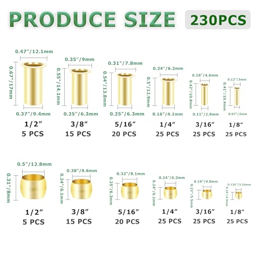 230PCS Brass Compression Sleeves Ferrules & Insert 1/2" 3/8" 5/16" 1/4" 3/16" 1/8"-6 Sizes Compression Fittings Assortment Kit for DOT Air Brake LIne Fittings Connect Lines for Air,Water,Fuel
