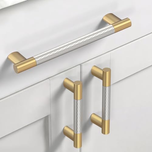 Gold & Nickel Knurled Cabinet Handles Kitchen Pulls 5 Inch 10 Pack - color: Gold and Nickel, size: 5" Hole Center