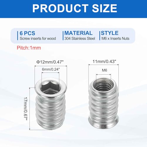MECCANIXITY 6Pcs Threaded Inserts Nuts, M6x17mm Hex Socket Drive Nut Inserts for Wood - 304 Stainless Steel Screws Furniture Screw in Nuts Bolt Fastener Connector Wood - size: M6x17mm