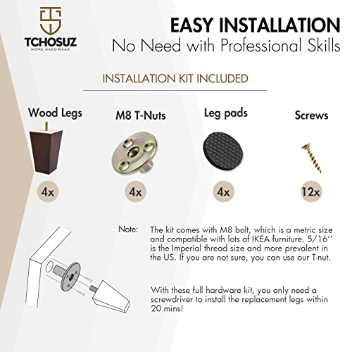 4 inch / 10cm Wooden Furniture Legs, Tchosuz Pack of 4 Mid Century Modern Solid Wood Walnut Pyramid Square DIY Replacement Feet with 5/16" Hanger Bolts & T-Nuts for Sofa Couch Armchair Bed Riser - color: Walnut, size: 4"/10cm