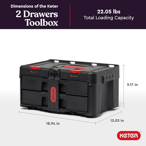 Keter Stack-n-Roll Two Drawer Tool Box for Small Parts and Power Tool Accessories, Fits Keter Modular Tool Storage System - color: Black/Red, size: 2 Drawer