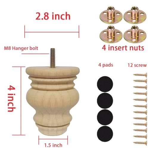 4 Inch Wooden Furniture Legs, Solid Wood Unpainted Replacement Furniture Legs, Ottoman/Loveseat Replacement Legs, Cabinet Legs/Desk/Sofa/Bookcase Round Bun Feet Set of 4 (4 Inch B) - size: 4 Inch B