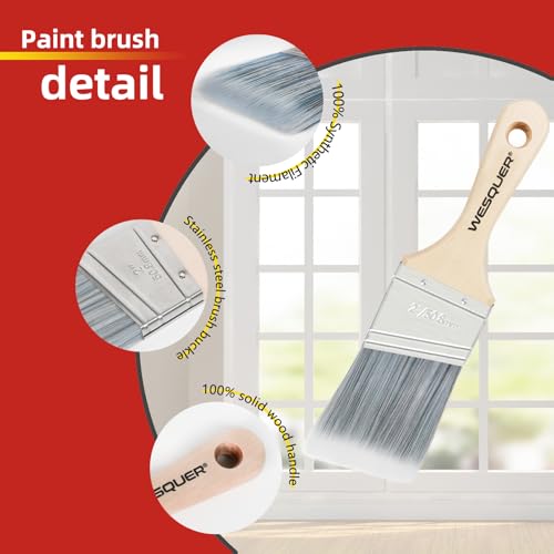 Wesquer 6 Pack Paint Brush Set – Flat & Angled Paint Brushes (1", 1.5", 2", 2.5") with 2" Short Handle Paint Brush, Professional Paint Brushes for Walls, Furniture, Wood Stain and Cabinet Painting