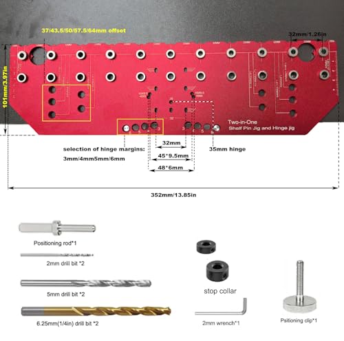 2 in 1 Shelf Pin Hinge Jig,Concealed Hinge Jig Drilling Jig with 35mm Hole Drill Bits,Self Contained Clamping All Metal Cabinet Hardware Tool Drill for Cabinet Door Hinge Hole Positioning (11 Hole) - color: 11 Hole