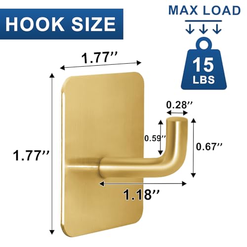 Adhesive Hooks for Bathrooms, 4 Piece Towel Hooks for Hanging Hat Robe Coat, Stick on Hooks for Kitchens, Strong Self-Adhesive No Damage Waterproof Stainless Steel Sticky Hook (Gold) - color: Square-A-Gold