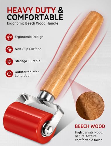 LUMITECO Automotive Sound Deadening Roller Tool, Upgraded Dual Bearing PU Seam Roller with Ergonomic Wood Handle for Car Audio Sound Deadener, Heat Insulation Mat Installation, Wallpaper, Vinyl Wrap - color: Red
