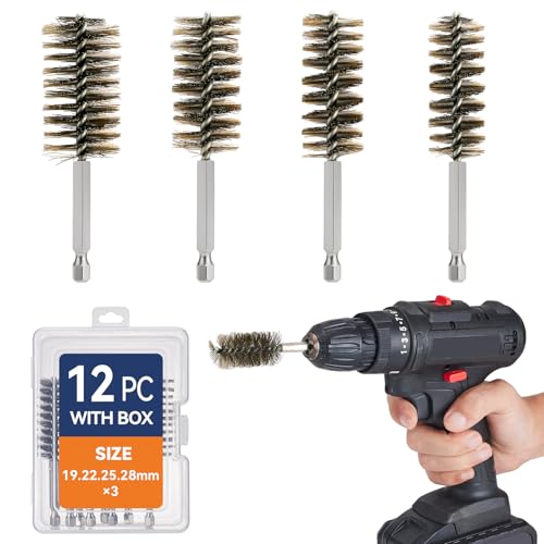 12 Pcs Wire Bore Brush for Drill，Stainless Steel Drill Brush Set，with 1/4 Inch Hex Shank, Power Drill Attachment for Polishing, Rust and Tube Cleaning (0.748"-1.102") - size: "L" 12PCS