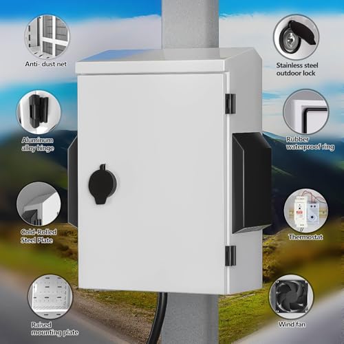 Outdoor Electrical Box with Thermostat and Fan, Cold-Rolled Steel Plate, Aluminum Alloy Back Beam, One-Piece Ventilation Design, IP65 Waterproof, Wall/Pole Mounted. (17.7" x 13.8" x 8") - size: 17.7" x 13.8" x 8"