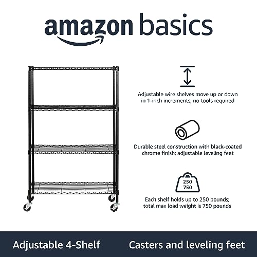 Amazon Basics 4-Shelf Heavy Duty Garage Shelving Storage Unit on 3" Wheel Casters, Adjustable Metal Wire Rack with Leveling Feet, 36" x 14" x 57.75", Black - color: Black, size: 36" L x 14" W x 57.75" H, style: 4 -Shelf