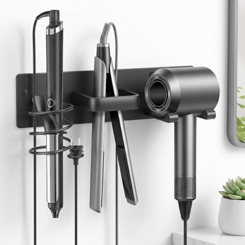 3-in-1 Aluminum Hair Dryer Holder, Matte Black Styling Tools Rack | No Drill Heat Resistant Wall Hair Tool Stand for Blow Dryer, Flat Iron & Curling Iron, Bathroom Rental Homes, No Wall Damage - size: A