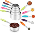 Joyhill Stainless Steel Measuring Cups and Spoons Set of 10 Piece, Nesting Metal Measuring Cups Set with Soft Touch Silicone Handles for Dry and Liquid Ingredients, Cooking & Baking (Colorful) - color: a)Stainless Steel-Colorful