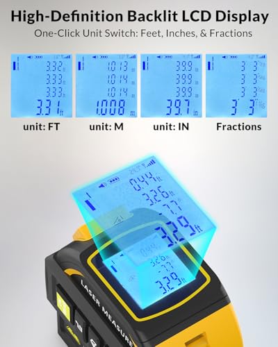 TEPU Laser Tape Measure 4-in-1, 197FT Laser Distance Meter with 16FT Tape - color: Yellow-black