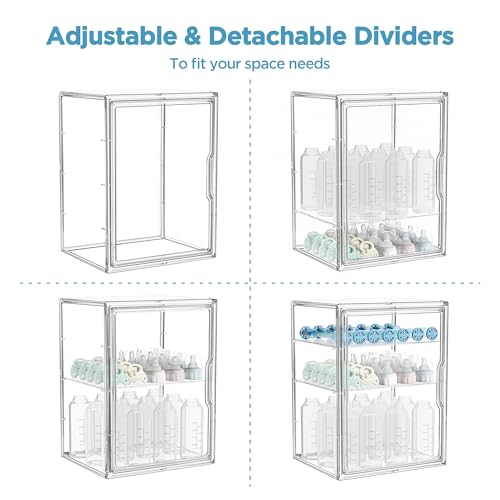 HBlife Baby Bottle Storage Organizer for Countertop Cabinet, 3 Tiers Adjustable Clear Acrylic Bottles Storage Station Case Box Container with 2 Removable Dividers and Magnetic Door, Large - size: Large, style: 3-Tier Single Door