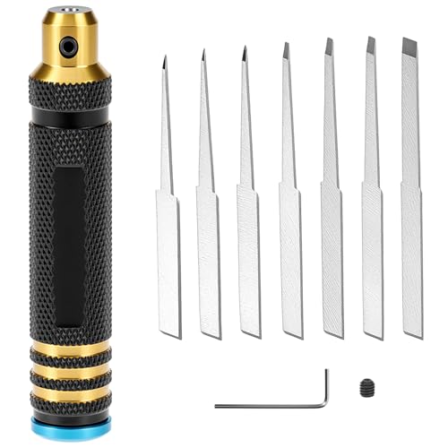 QWORK Model Scriber Resin Carved Scribe Line Scribing Tool, Chisel Set with Tungsten Steel Blades - 7 Sizes (0.1 to 2.0 mm), for Scale Model, Carving Cutting