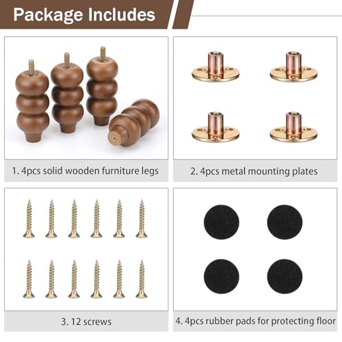 4 Inch Wood Furniture Legs Set of 4 Rubber Wood Couch Legs Round Furniture Replacement Mid Century Bun Feet for Desk Dresser Sofa Cabinet Ottoman Chair and Bed(Brown) - color: Brown, size: 4 Inch
