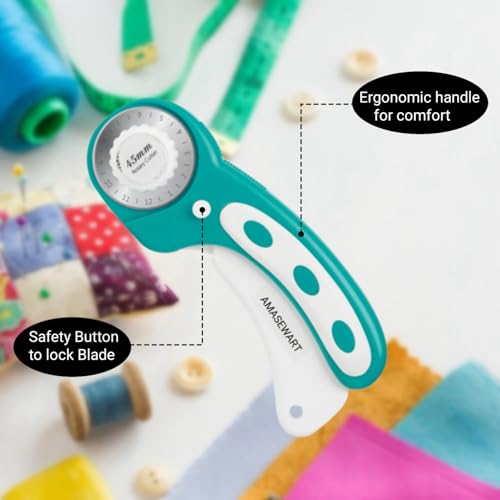 45mm Rotary Cutter and Mat Set, Fabric Cutter Wheel and 12x18 Inch Self Healing Sewing Cutting Mat, Fabric Rotary Cutter with 5pcs Rotary Blades for Quilting Patchworking Crafts, Turquoise - color: Turquoise