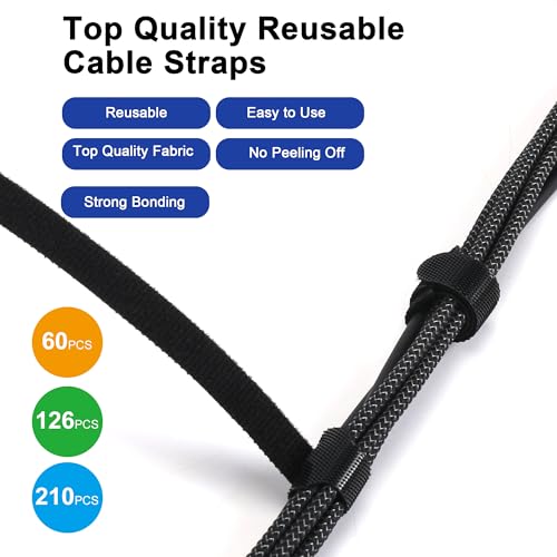 Nettbe Reusable Cable Ties, 210 PCS 6 Inches Adjustable Cord Straps Wire Organizer Cord Wrap and Hook Loop Cable Management - size: 6inches-210PCS