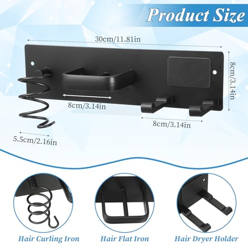 Hair Dryer Holder Wall Mounted 3 in 1 Bathroom Hair Tool Organizer Rack with Curling Iron Holder & Flat Iron Holder Blow Dryer Holder for Universal Dryer, Matte Black