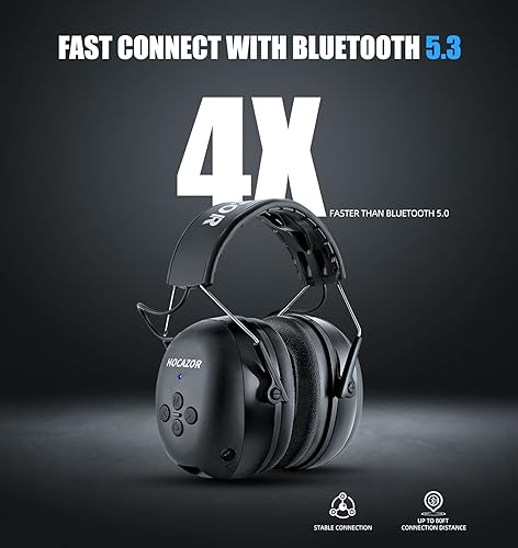 HZ07 Upgrade Bluetooth 5.3 Hearing Protection - NRR 25dB Noise Cancelling Earmuffs 40 Hours+ Playing Time with 1500mAh Rechargeable Battery for Mowing, Workshops, Black - style: Black, No Fm/Am, Bluetooth, Rechargeable Battery