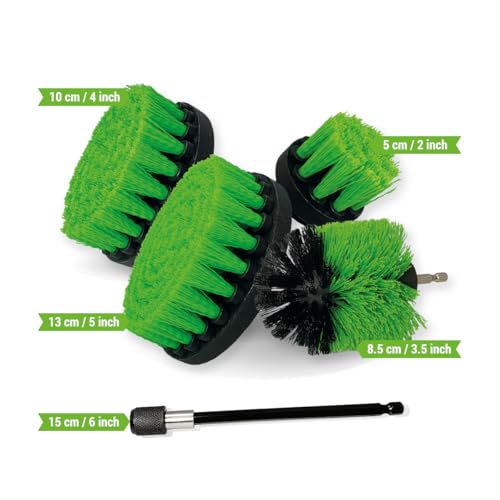 Premium Drill Brush Professional – Medium 5-Piece Kit (5/4/3.5/2 in Brushes + 6 in Extension) | Multi-Surface Kitchen and Household Cleaning for Ovens, Hobs, Floor Tiles and Greasy Cookware - color: Green