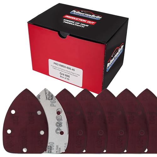 ProductionShop Premium 600 Grit 5-Hole Pattern Mouse Detail Sander Sandpaper Sheets, Box of 45 - Dustless Hook & Loop Triangle Shaped Mouse Disc Pads - Woodworking Tool Sand Wood Furniture Auto Paint - style: 600 Grit