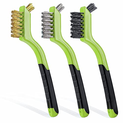 Lavaxon Wire Brush Set 3Pcs - Nylon/Brass/Stainless Steel Bristles with Curved Handle Grip for Rust, Dirt & Paint Scrubbing with Deep Cleaning – 7 Inches (Green) - color: Green