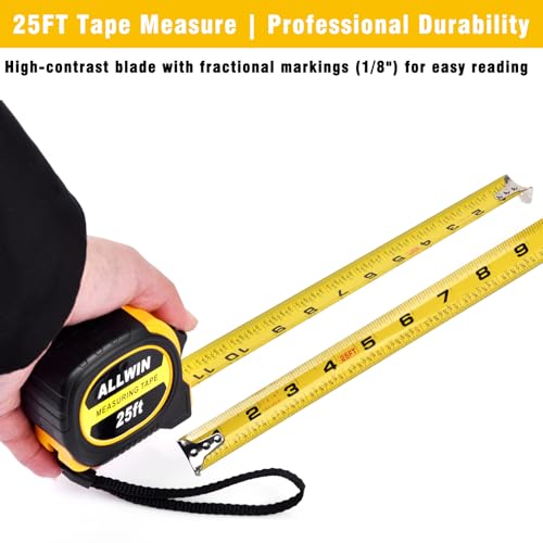 5 Pack Tape Measure 25 ft, Easy Read Measuring Tape with Fractions 1/8, Retractable 25-Foot by 1-Inch Blade with Durable Coating & Impact-Resistant Case for Contractors & DIY - size: 25 Ft