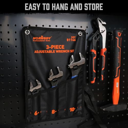 HORUSDY 3-Piece Adjustable Wrench Set (6/8/10 in), Wide Jaw Black Oxide Finish, Cr-V Steel, Metric & SAE Scales, Adjustable Spanner Set for Home Garage Workshop - style: 3PC Wide Jaw Set (6" 8" 10")
