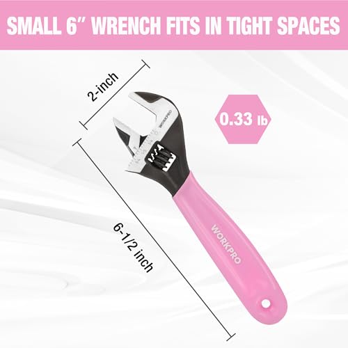 WORKPRO 6-Inch Pink Adjustable Wrench, Wide Jaw Cr-V steel Wrench - color: Pink, size: 6-Inch