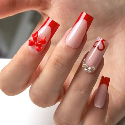 CurvLife Long Square Press On Nails, Ruby Valentine Red, Soft Gel - color: Ruby Gift