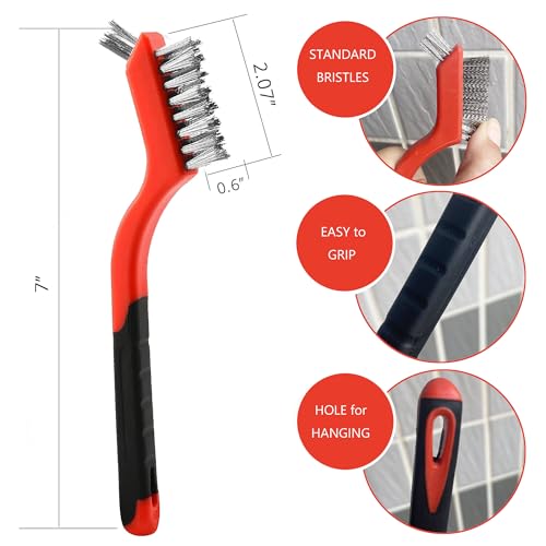 Wire Brush Set (3-Pack) for Precision Cleaning – Brass, Nylon & Stainless Steel Brushes for Rust Removal, Delicate Surfaces & Tight Spaces – 7-Inch Curved Handle - color: 3 PCS RED