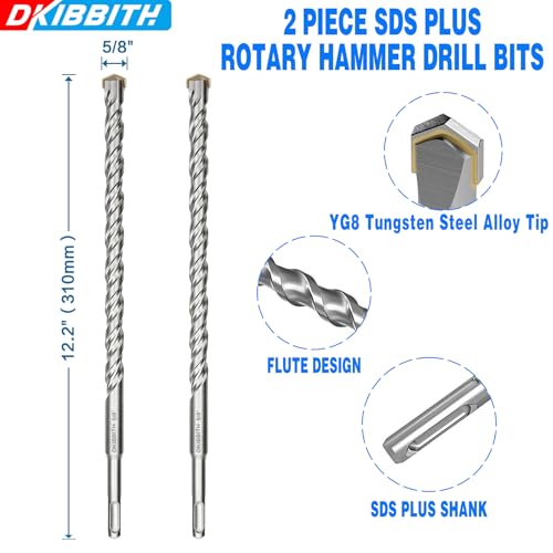 2-Pack SDS Plus Masonry Drill Bits 5/8 Inch x 12 Inch Long Rotary Hammer Drill Bits Carbide Tipped for Concrete Brick Cement Stone Block. - size: 2 Pcs 5/8", style: 12"