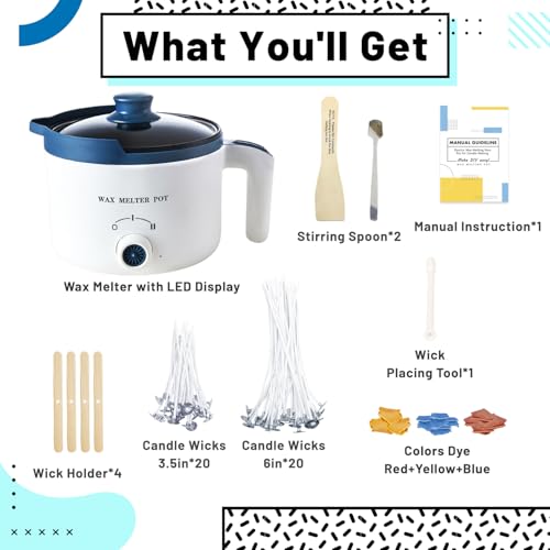 Ksedcon Wax Melting Pot Kit with Thermometer, Wicks and 3 Candle Dye Colors - size: wax melting pot kit 7pcs