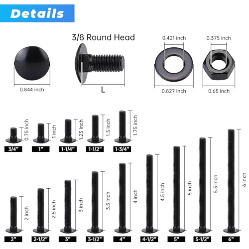 Glvaner (6 Sets) 3/8-16 x 4-1/2" Stainless Steel Carriage Bolts Screws Black and Hex Nuts & Flat Washers Black, Round Head Square Neck, 304 Stainless Steel 18-8, Full Thread Coverage - size: 3/8-16 x 4-1/2"