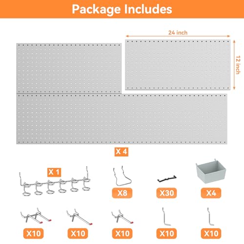 WALMANN Metal Pegboard Kit with Accessories, 24x48 in Tools Pegboard - color: Grey