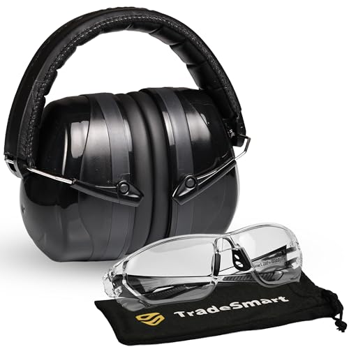 TradeSmart Shooting Ear Protection for Gun Range, NRR 28 Earmuffs & Eyewear - color: Clear Glasses - Grey