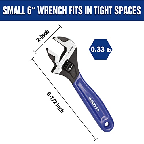 WORKPRO 6-Inch Compact Adjustable Wrench, Wide Jaw Cr-V steel Wrench - color: Blue, size: 6-Inch