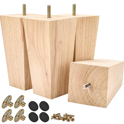 6 inch / 15cm Wooden Furniture Legs, Pack of 4 Mid Century Modern Solid Wood Unfinished Pyramid Square DIY Replacement Feet with 5/16" Hanger Bolts & T-Nuts for Sofa Couch Bed Recliner Riser - color: Unfinished, size: 6''/15cm