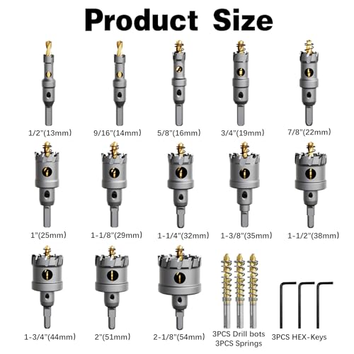 19 PCS (1/2" to 2-1/8") Carbide Hole Saw Kit for Metal - Heavy Duty TCT Hole Cutter Drill Bits Set with Titanium Pilot & L-Wrench, for Stainless Steel/Iron/Aluminum | Metal| - size: 19PCS（1/2" to 2-1/8")